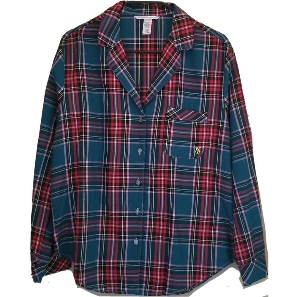 VICTORIA'S SECRET Button Up Collared Sleep Pajama Top Cotton/Modal Plaid Sz S
